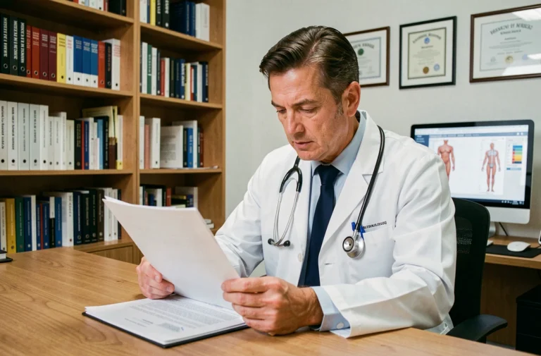 Médecin généraliste en consultation étudiant un dossier médical pour une prescription de traitement neurologique en France