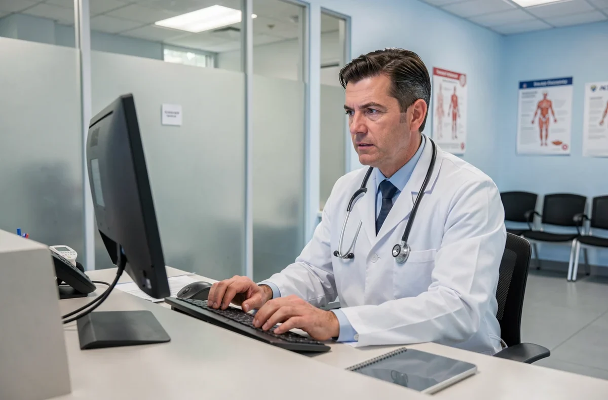 Médecin professionnel répondant aux questions des patients depuis son poste de travail en clinique