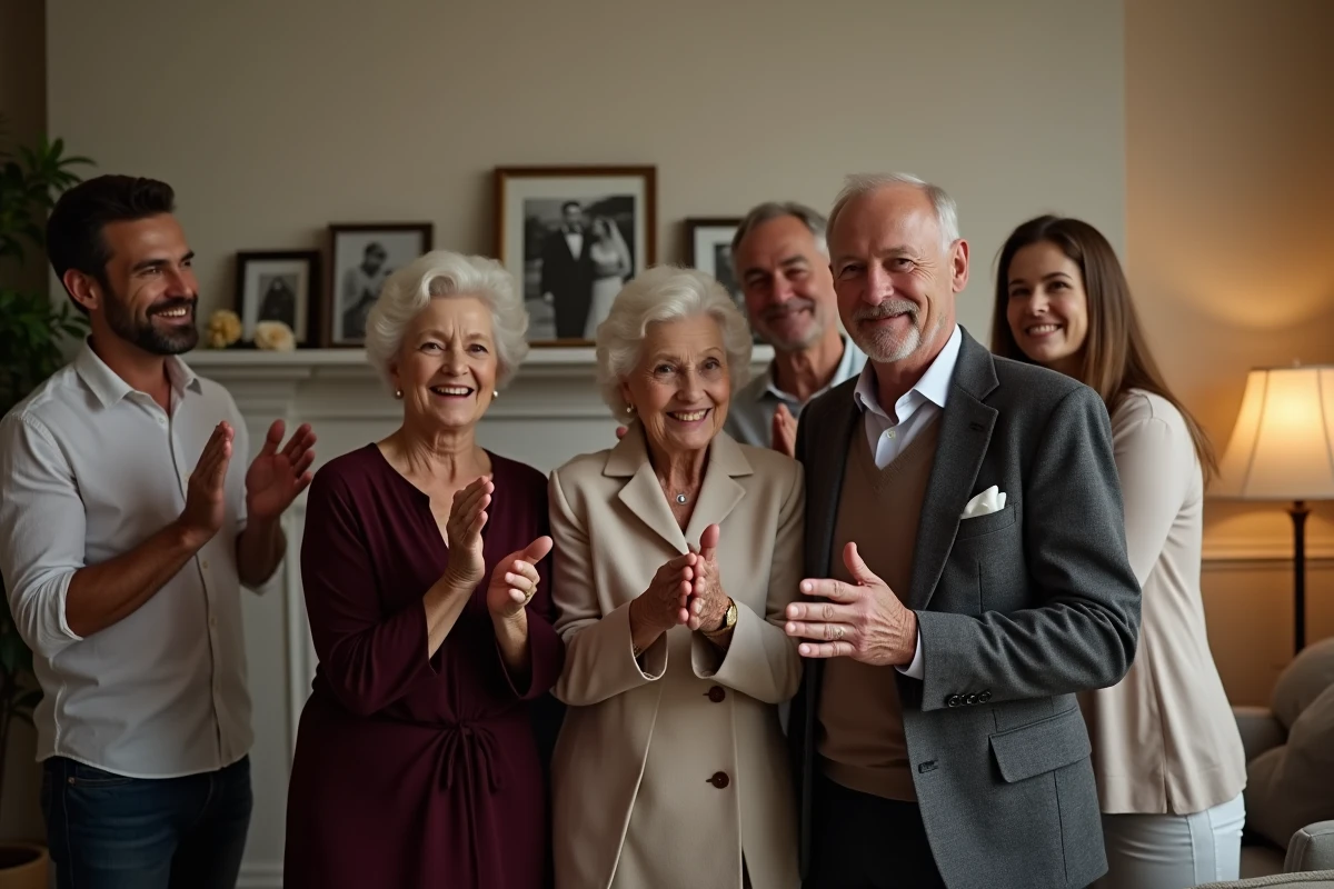 Couple âgé entouré de toute leur famille dans un salon décoré pour fêter leurs noces d'or avec des photos de mariage en arrière-plan