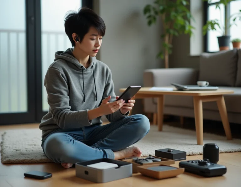 Femme découvrant les dernières nouveautés technologiques geek posées sur un plancher en bois dans un appartement moderne