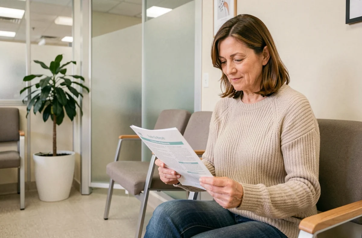 Patiente lisant une brochure d'information sur un traitement neurologique dans une salle d'attente médicale en France