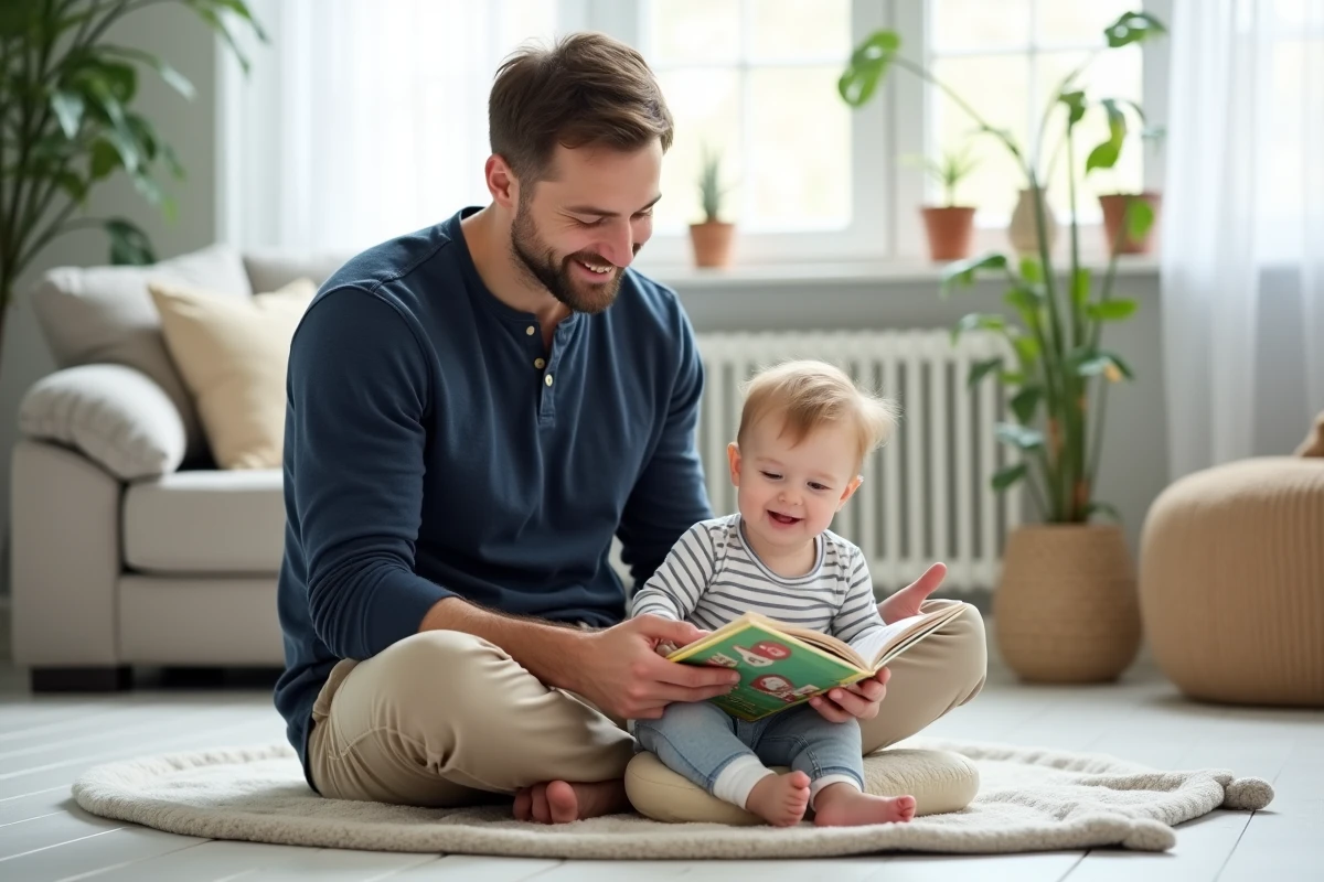 Père assis sur un tapis d'éveil lisant un livre illustré avec son bébé de six mois dans le salon familial