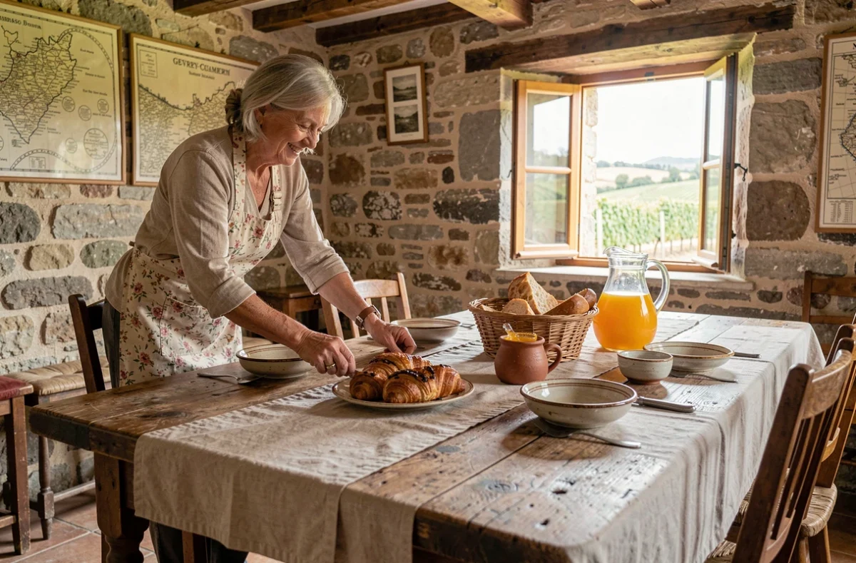 Hôtesse accueillante servant le petit-déjeuner dans une chambre d'hôtes traditionnelle à Gevrey-Chambertin avec vue sur les vignes bourguignonnes