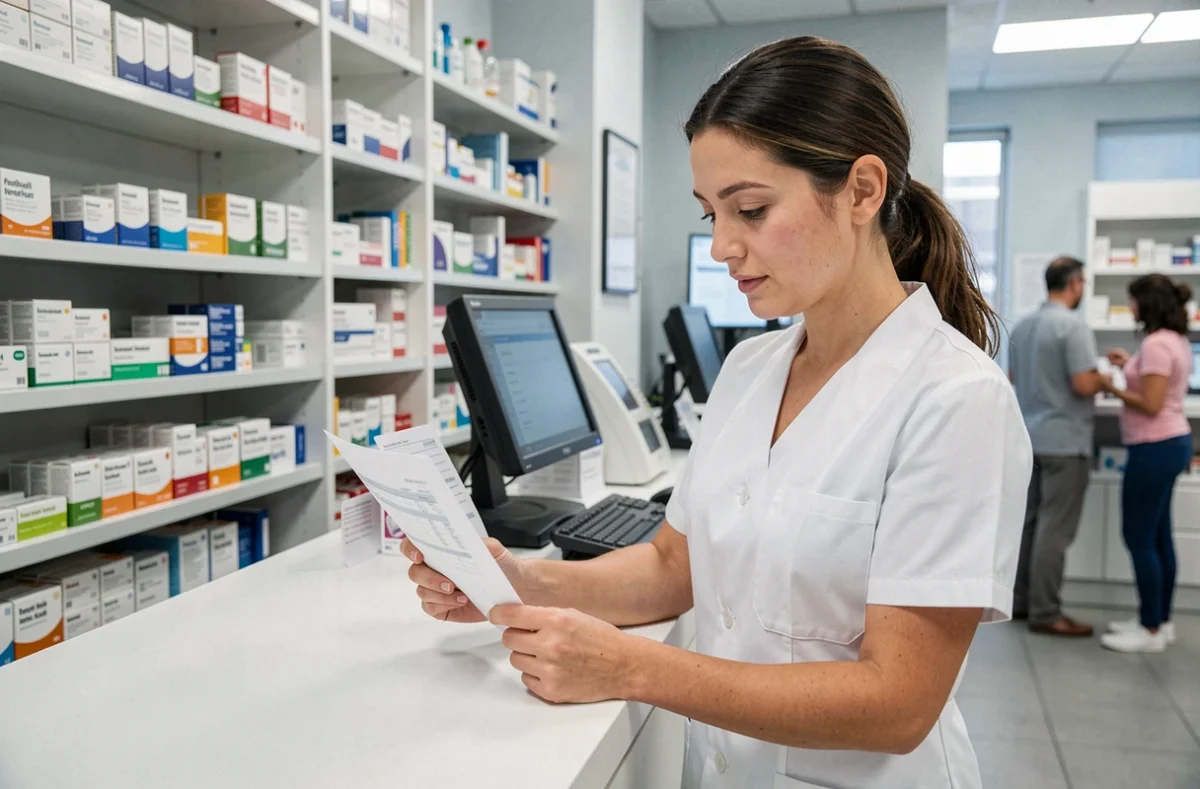 Pharmacienne lisant une ordonnance médicale spécialisée au comptoir d'une pharmacie française