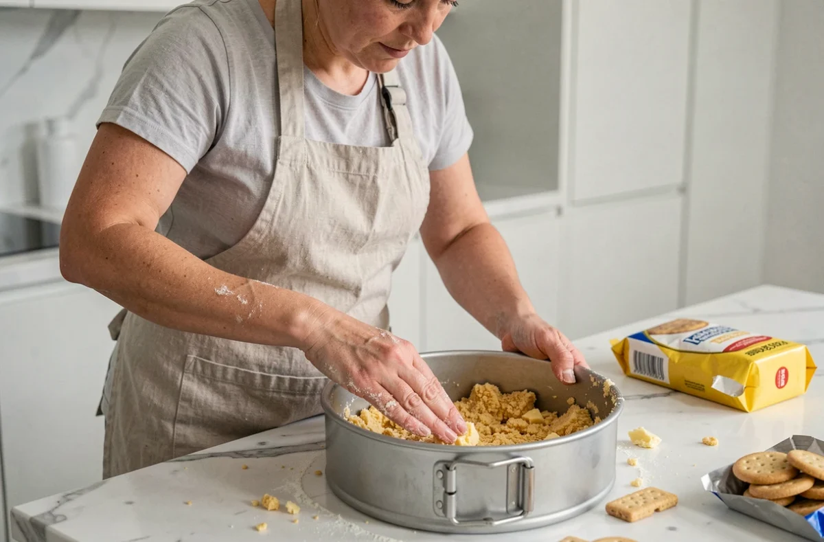 Femme pressant une base de biscuit beurré dans un moule à charnière dans une cuisine moderne au plan de travail en marbre