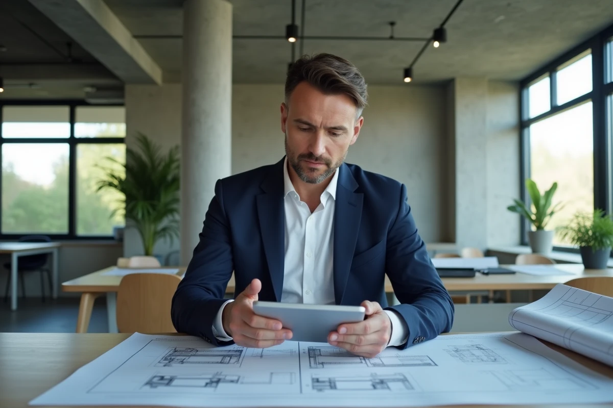 Professionnel de l'immobilier analysant des plans architecturaux dans un bureau moderne du campus Paris-Saclay