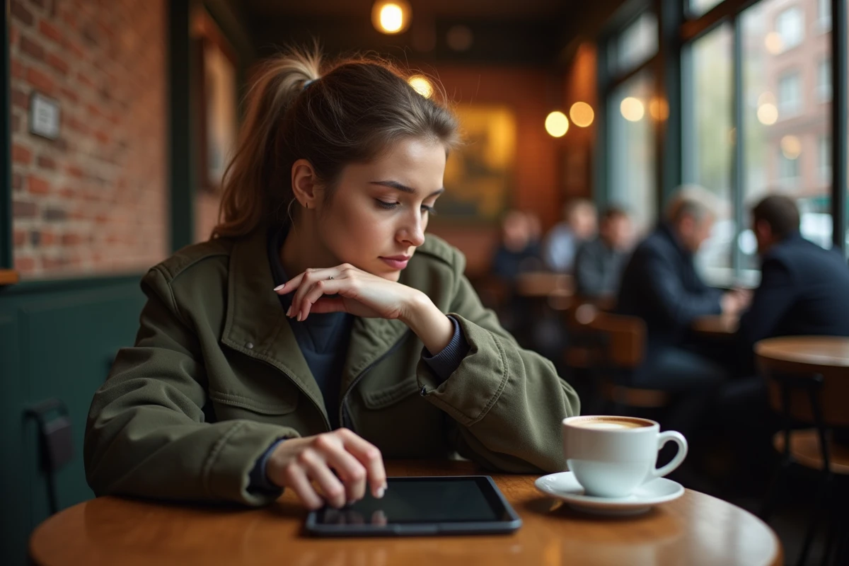 Jeune femme utilisant un réseau social sur tablette dans un café pour rechercher l'adresse d'une personne par son nom