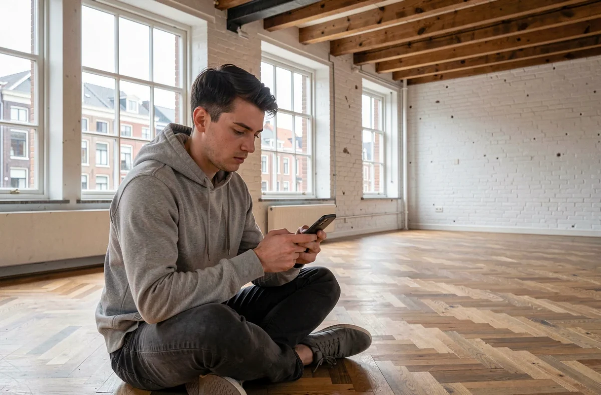 Jeune homme recherchant un appartement sur une application immobilière depuis un appartement vide avec vue sur un canal à Gand, Belgique