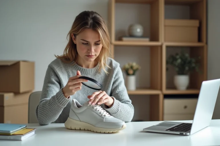Femme examinant une chaussure contrefaite commandée sur Zalando avec une loupe, assise à un bureau à domicile avec des boîtes de livraison ouvertes