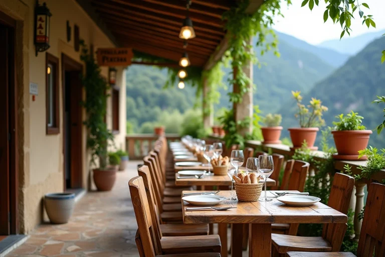 Terrasse de restaurant traditionnel basque à Dancharia avec tables en bois et vue sur les Pyrénées