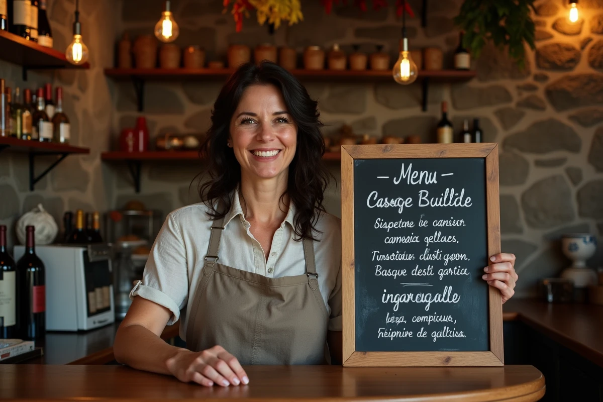 Restauratrice basque présentant le menu traditionnel à l'ardoise dans un restaurant de Dancharia