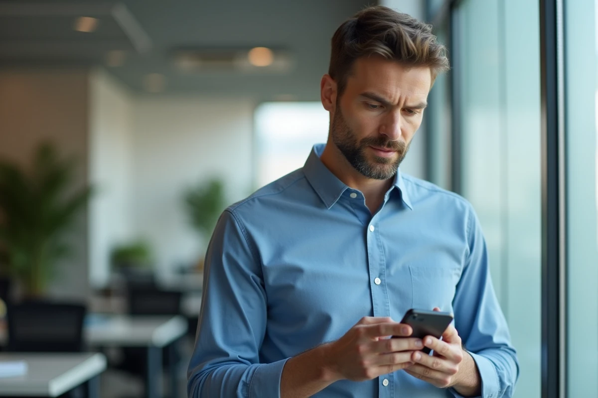 Homme consultant un moteur de recherche sur smartphone pour retrouver l'adresse d'une personne via son nom