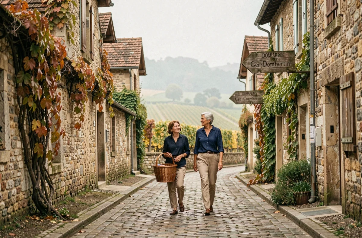 Rue pavée authentique de Gevrey-Chambertin en Bourgogne avec une femme se promenant parmi les maisons en pierre et les vignes en automne