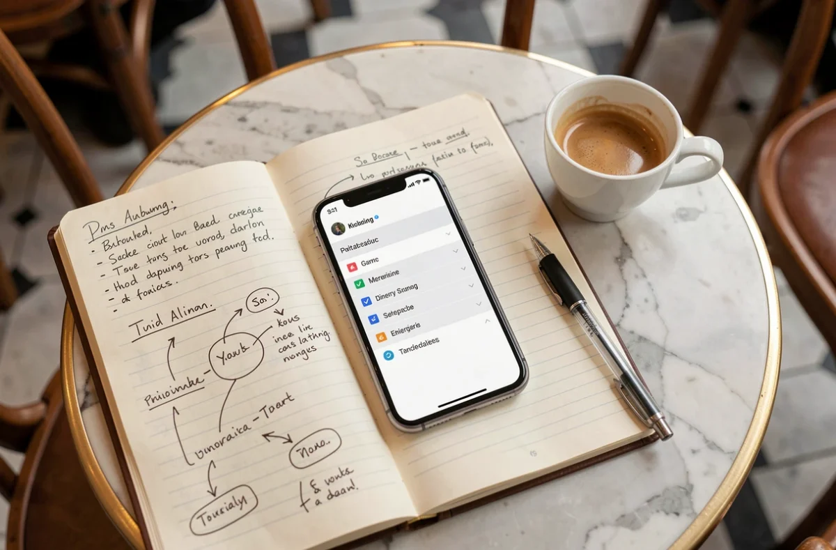 Smartphone affichant un plan de navigation de site web posé sur un carnet de notes dans un café parisien