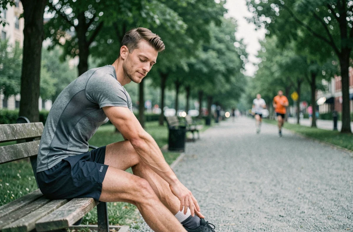 Sportif s'étirant après un footing matinal dans un parc urbain, conseils de récupération musculaire pour améliorer ses performances sportives