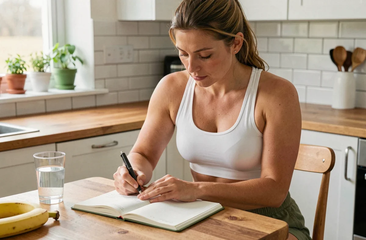 Sportive planifiant son programme d'entraînement dans sa cuisine avec carnet et nutrition, astuces pour optimiser ses performances sportives au quotidien