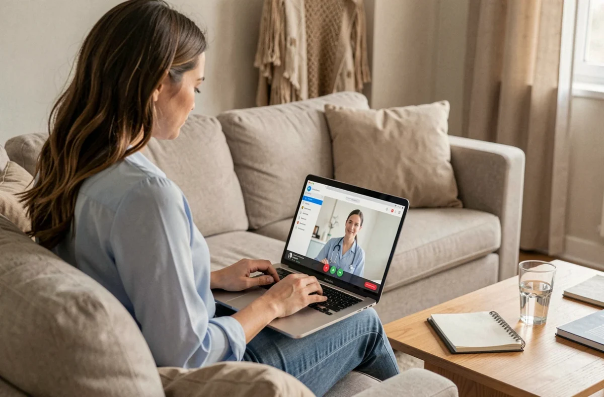 Jeune femme en consultation vidéo avec une équipe de professionnels de santé en télémédecine