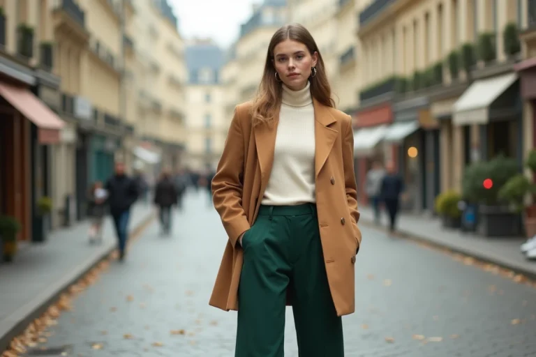 Femme portant un blazer camel oversize et un pantalon large vert forêt dans une rue pavée parisienne en automne, look tendance mode 2024