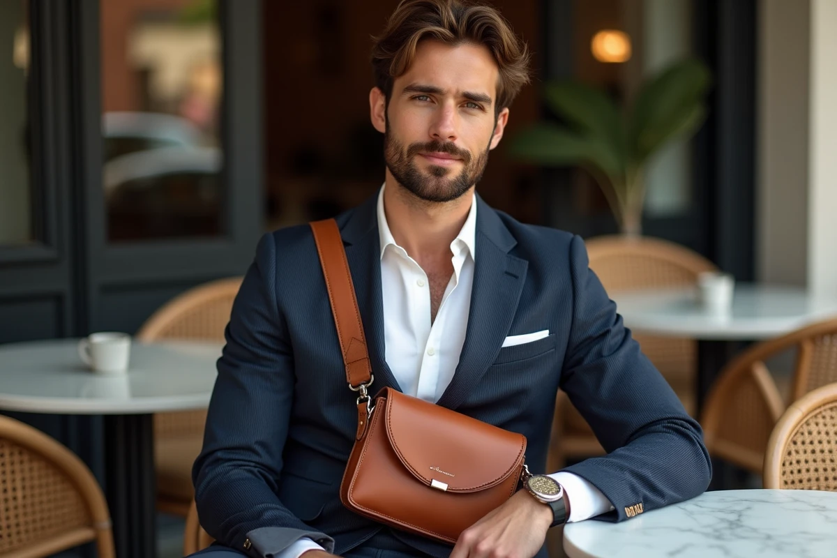 Homme en costume marine à fines rayures craie assis en terrasse de café, tendance mode masculine élégante décontractée avec sac en cuir terracotta