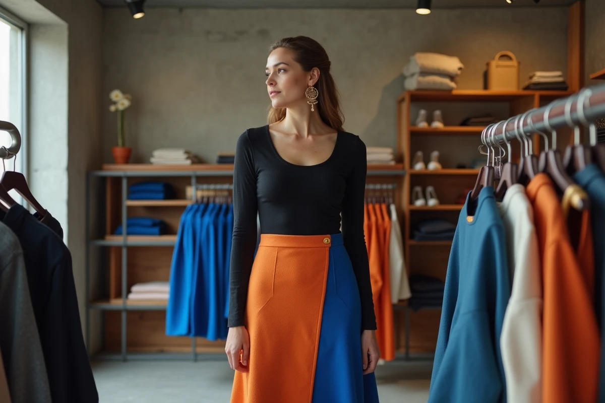 Femme en jupe midi color-block bleu cobalt et orange brûlé dans un concept store contemporain, tendances mode originales et look unique