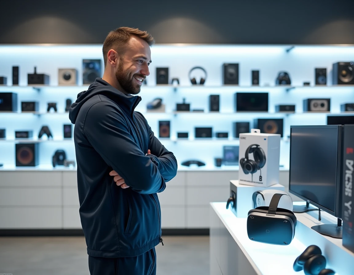 Homme en veste technique examinant des nouveautés geek dans un magasin de technologie moderne avec présentoirs de casques VR et figurines