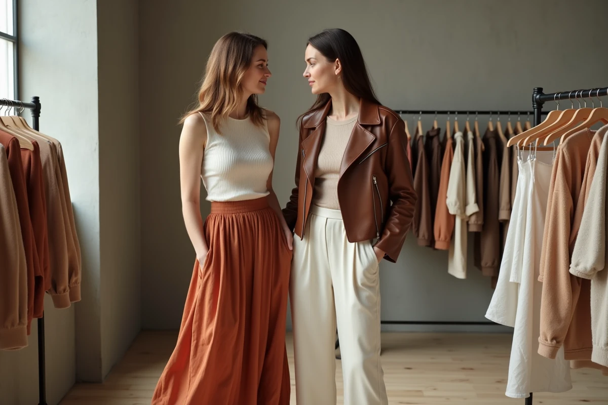 Deux femmes découvrant des vêtements tendance 2024 dans un concept store minimaliste, looks mode terracotta et lin écru