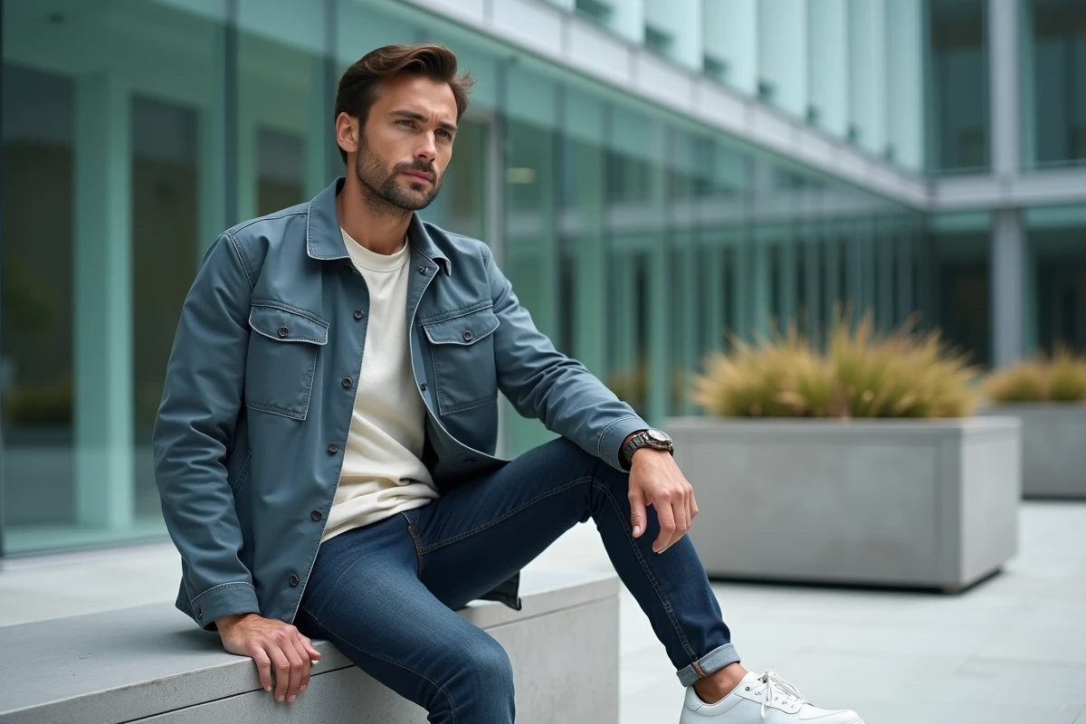Homme stylé en veste utilitaire bleue et jean indigo, look mode masculine tendance 2024 en environnement urbain moderne