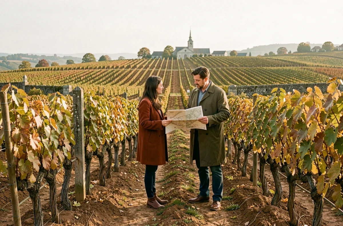 Couple de touristes se promenant entre les rangs de vignes à Gevrey-Chambertin en Bourgogne lors d'un séjour œnotouristique en automne